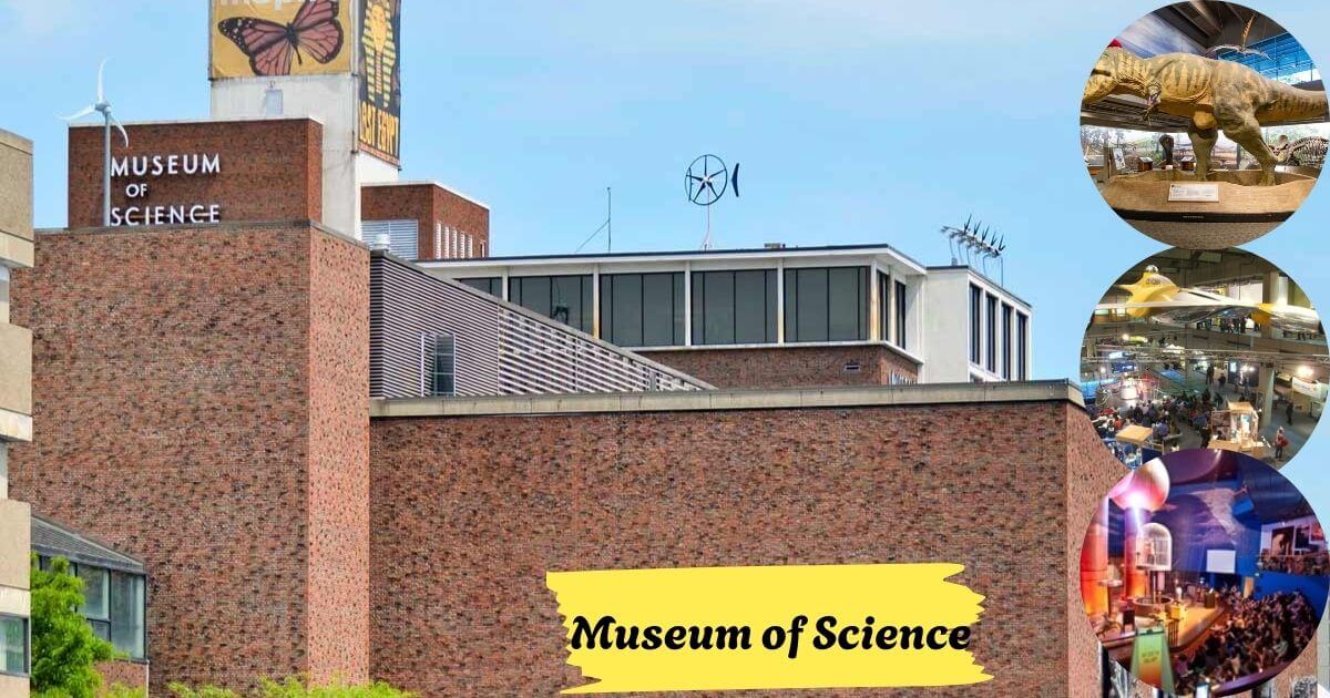 The exterior of the Boston Museum of Science, a brick building, with insets showing interior exhibits including a dinosaur skeleton and educational displays.