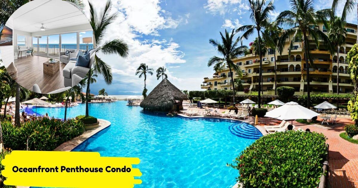 A sprawling tropical resort pool area for an Oceanfront Penthouse Condo. The bright blue pool is surrounded by palm trees and features a swim-up bar, with an inset image of the condo's modern living room and its balcony view of the ocean.