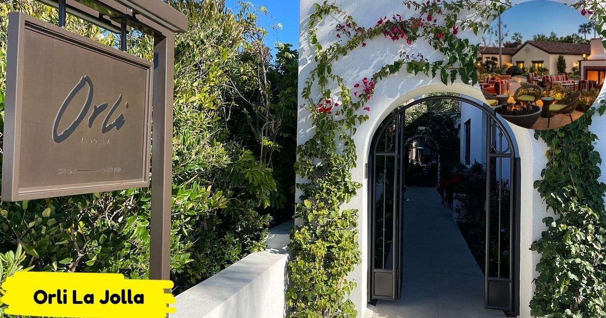 The boutique entrance to Orli La Jolla hotel, showcasing its Spanish-style architecture with a vine-covered archway. The collage includes the hotel's elegant sign and an inset image of the intimate outdoor courtyard with lounge seating at twilight.