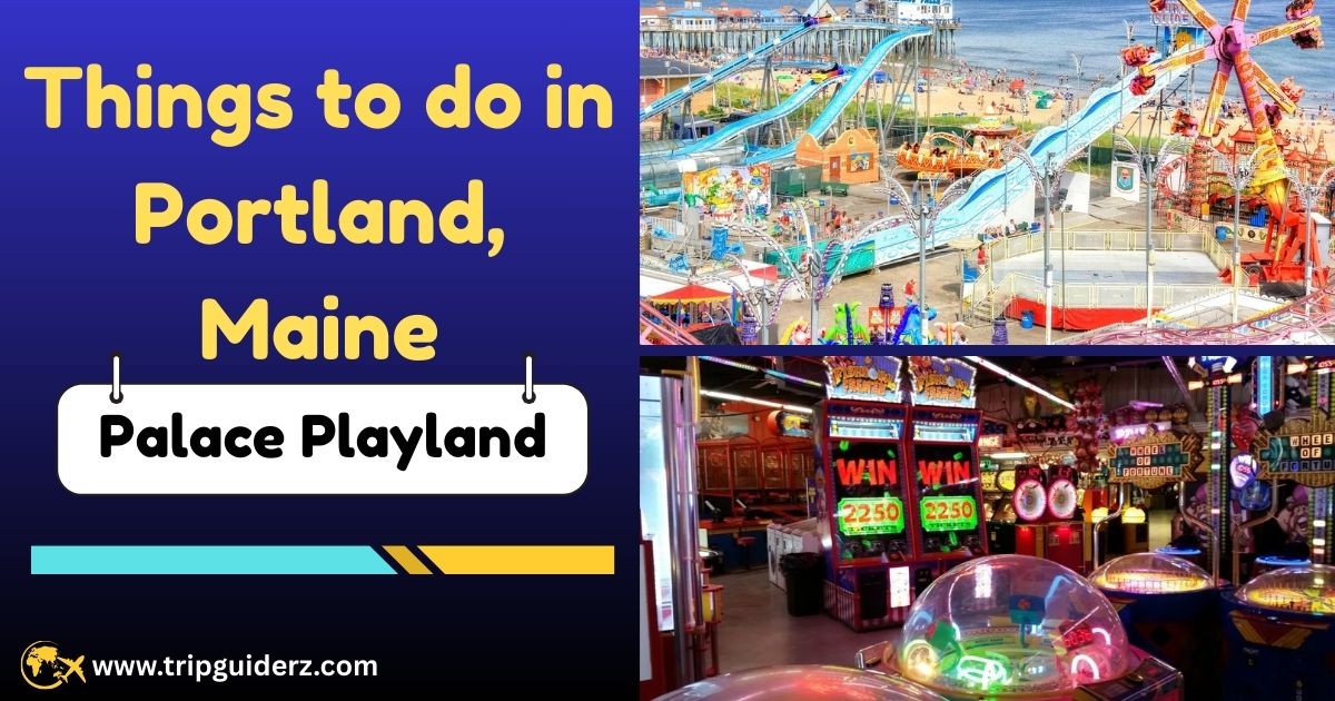 The bright, illuminated rides of Palace Playland, a classic seaside amusement park located in Old Orchard Beach, Maine.