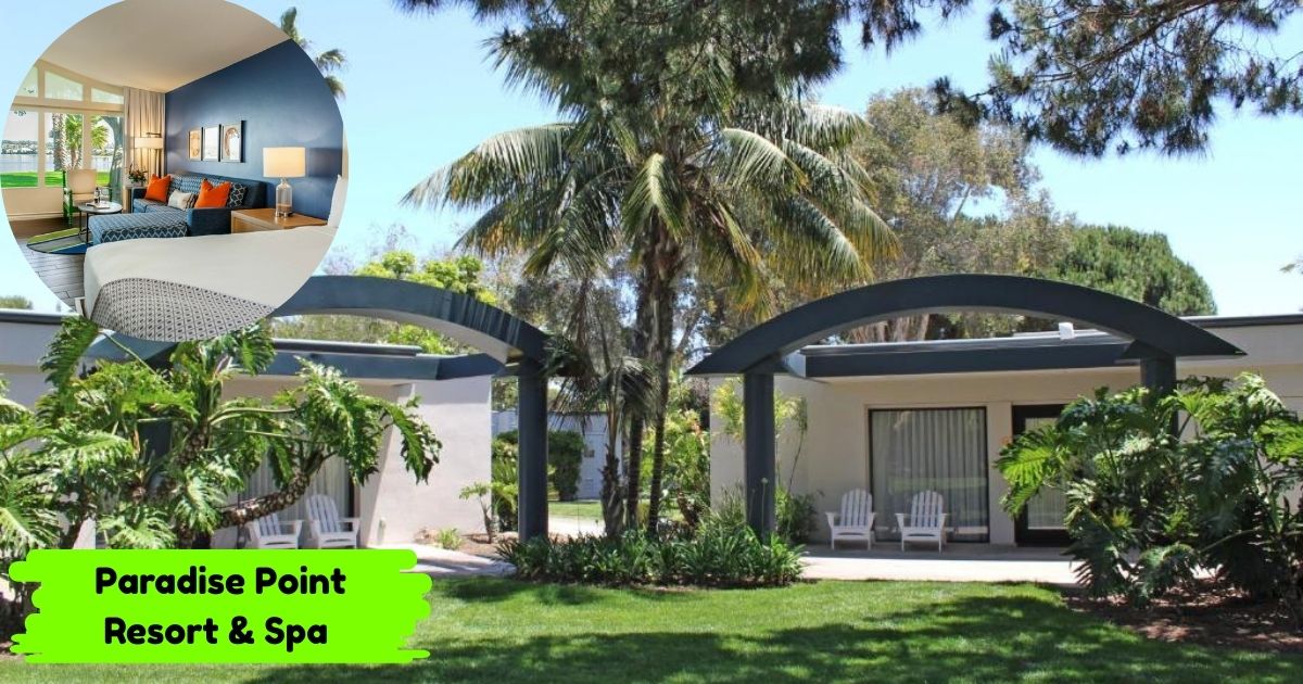 A photo of the bungalows at Paradise Point Resort & Spa. The bungalows have arched entryways and are surrounded by lush, tropical landscaping. An inset image shows the modern and colorful interior of one of the guest rooms.