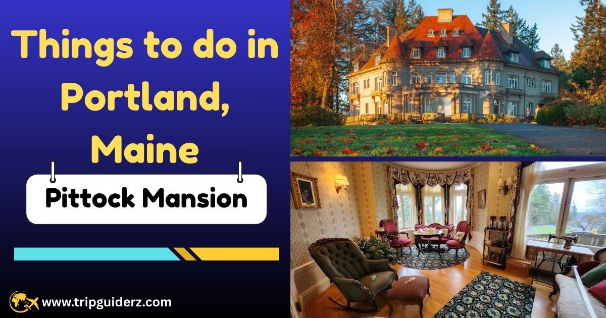 The historic Pittock Mansion, a French Renaissance-style château, with a panoramic view of downtown Portland, Oregon and the surrounding mountains.