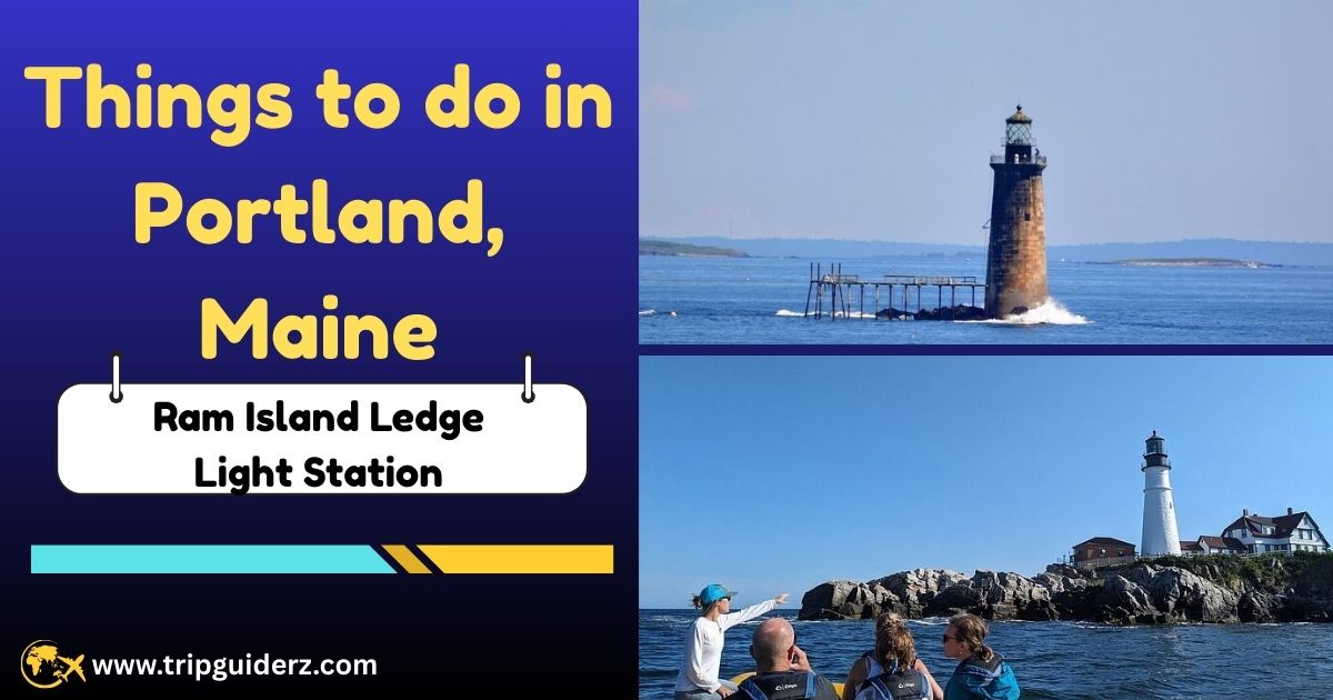 Ram Island Ledge Light Station, an offshore lighthouse situated on a rocky ledge in Casco Bay near Portland, Maine.