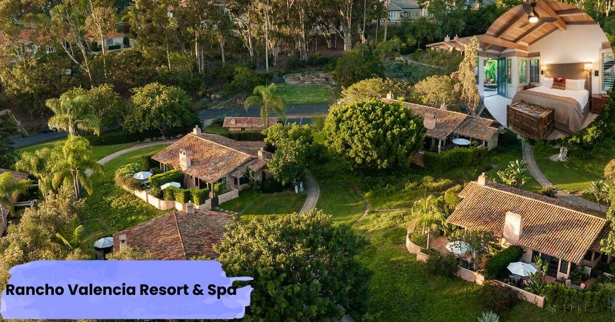 An aerial shot of Rancho Valencia Resort & Spa, featuring Spanish-style casitas with red-tiled roofs nestled among lush green trees and manicured lawns. A circular inset shows the cozy interior of a guest room with a fireplace.