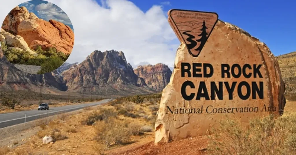 A beautiful scenic drive through Red Rock Canyon National Conservation Area with red rock mountains and a blue sky in the background.