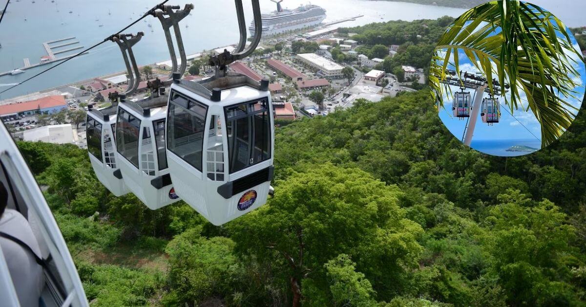 Three white gondola cars from the St. Thomas Skyride gliding over lush green hills toward a cruise ship port and a harbor. An inset shows two skyride gondolas against a blue sky with palm fronds.