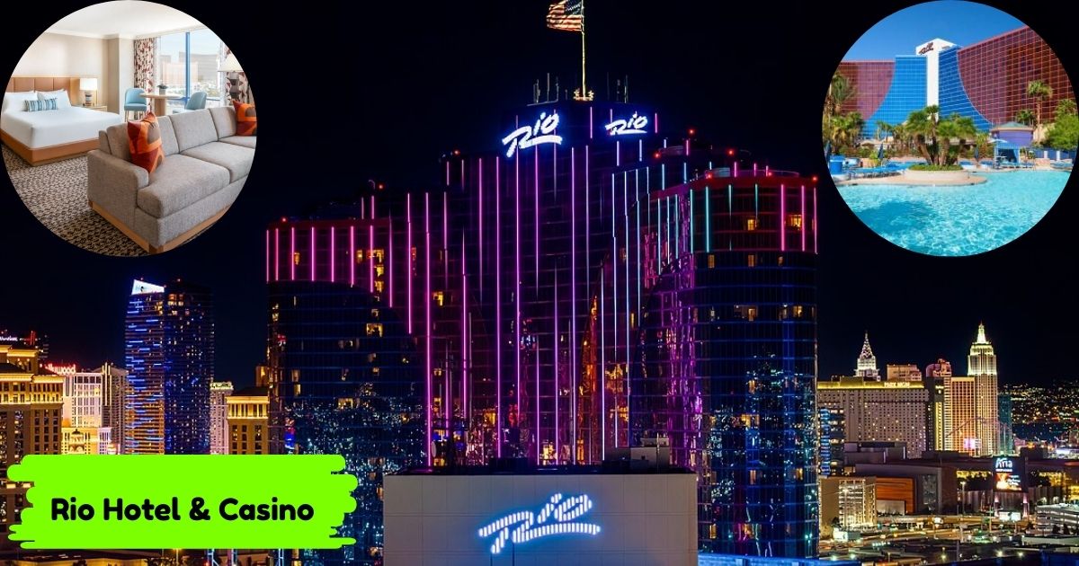 A dynamic night shot of the Rio Hotel & Casino building in Las Vegas, showcasing its towering structure illuminated with bright pink and blue neon lights. A collage of images shows a modern hotel room and a large outdoor swimming pool.