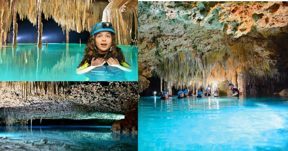 People wearing wetsuits and headlamps as they explore the stunning Rio Secreto underground river, with a collage inset showing the crystal clear water and incredible rock formations in the cave.