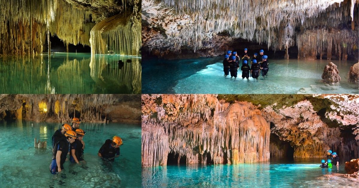 A collage of the Rio Secreto tour, highlighting the underground river and crystal caves, with images of people exploring the crystal-clear water and amazing rock formations with headlamps and wetsuits