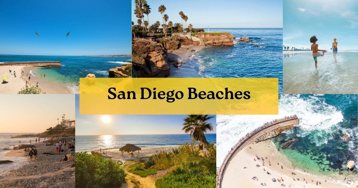 A beautiful beach scene with people relaxing on the sand and waves rolling in from the Pacific Ocean, representing the popular San Diego beaches.