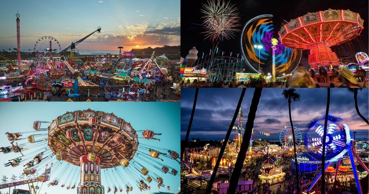 The vibrant carnival rides and food stands at the annual San Diego County Fair, a popular summer tradition.