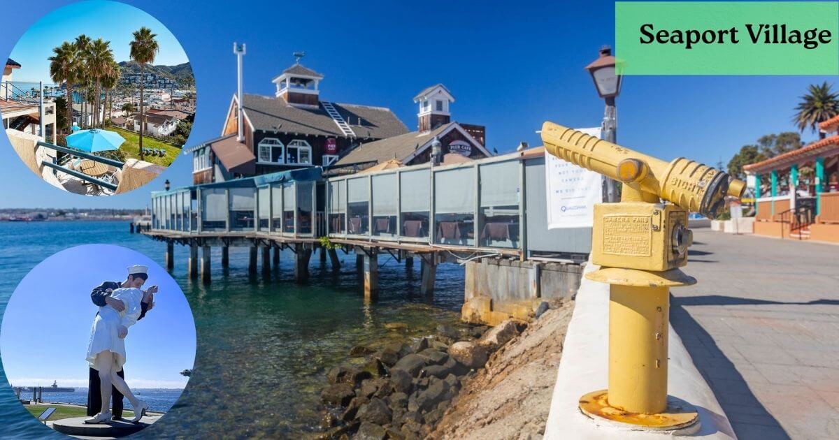 The charming shops and restaurants of Seaport Village, a waterfront shopping and dining complex with scenic views of San Diego Bay.