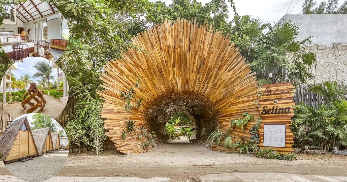 A collage of the Selina Tulum hotel, featuring its famous, artistic wooden tunnel entrance, a beach club with colorful hammocks and seating, and a modern, minimalist guest cabana.