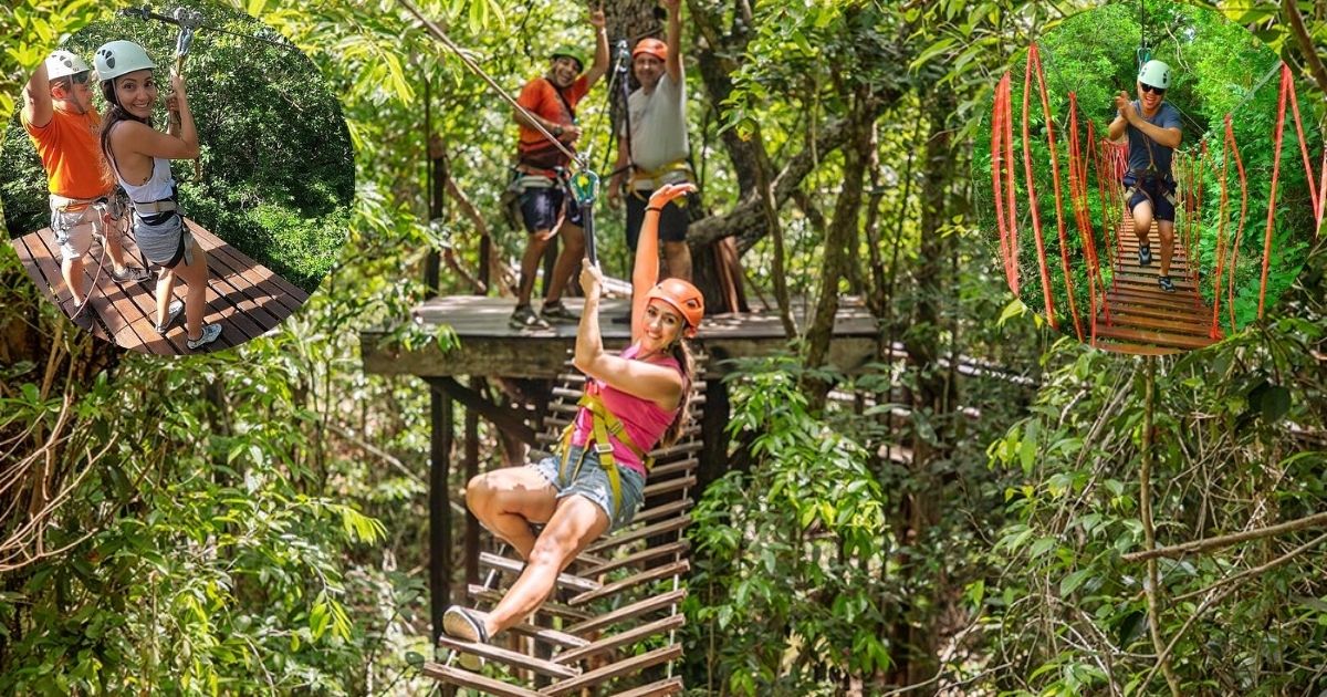 An aerial view of the Selva Maya Eco Adventure Park, with a collage featuring a couple zip-lining, a group swimming in a cenote, and a person on an ATV, showcasing the park's multiple activities.