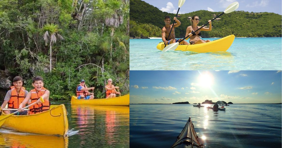 A group of people kayaking on a calm lagoon in the Sian Ka’an Biosphere Reserve at sunset, with a collage showing a person paddling and the beautiful, lush mangrove environment.