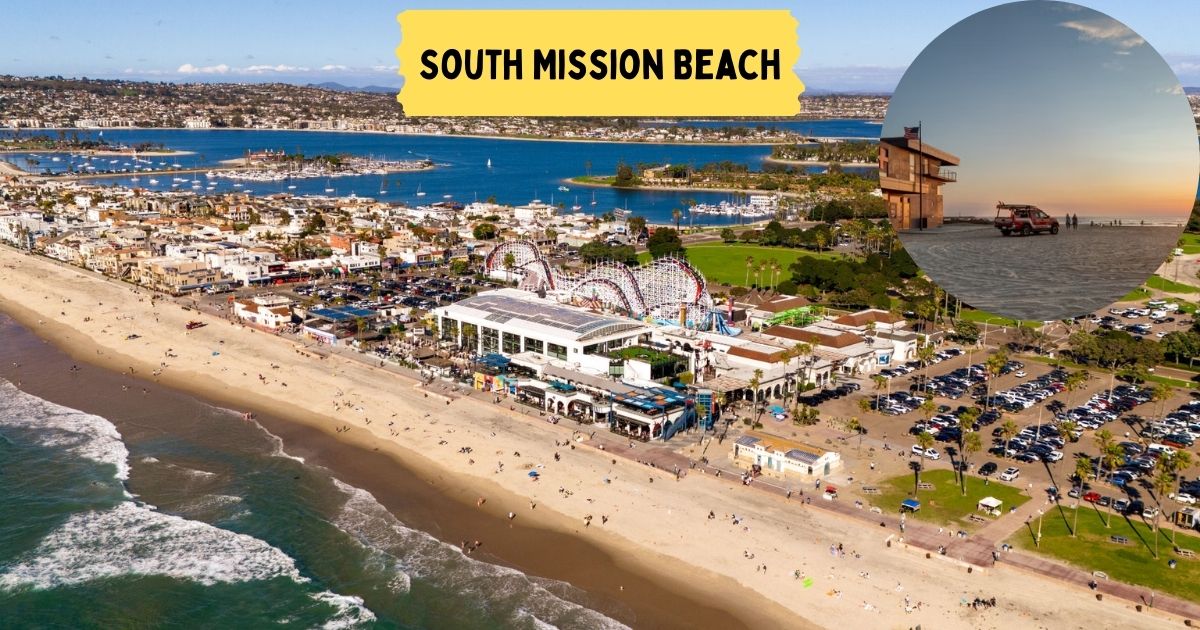 A lively scene of people playing volleyball and enjoying the sun at South Mission Beach in San Diego.