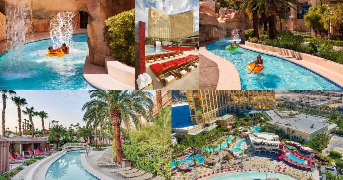 An aerial view of the Mandalay Bay Beach Complex in Las Vegas, showing a large wave pool, a lazy river, and many people enjoying the water and sandy beach.