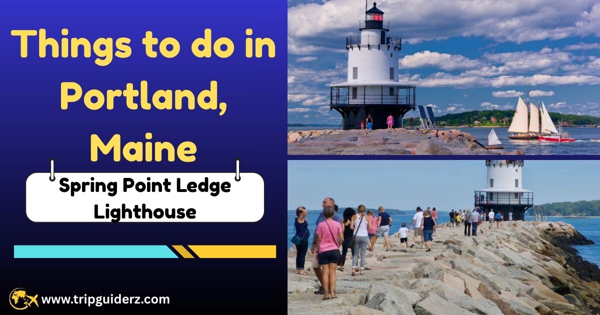 The iconic Spring Point Ledge Lighthouse in South Portland, Maine, accessible by a long granite breakwater, a popular free activity.