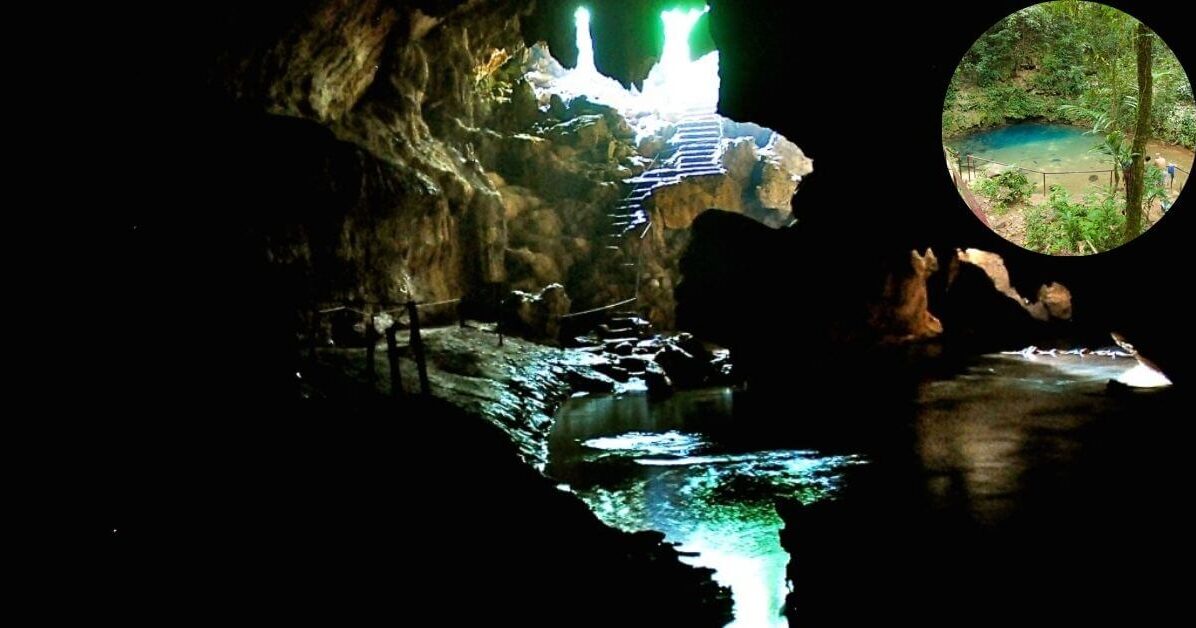 A beautiful blue cenote at St. Herman’s Blue Hole National Park, with people swimming and relaxing on the shore. An inset shows an image of a person exploring the cave at the park with a headlamp on.
