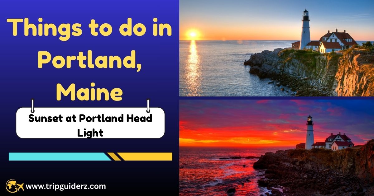 A beautiful sunset at the iconic Portland Head Light, a romantic and scenic spot for couples to visit in Portland, Maine.