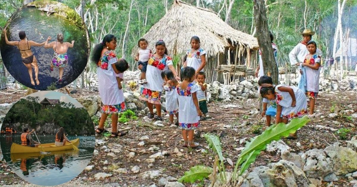 A collage of activities at TANKAH Park (Parque Tankah), featuring a person zip-lining over a cenote, a person in a small raft on the clear water, and a person exploring the cenote's cave section.