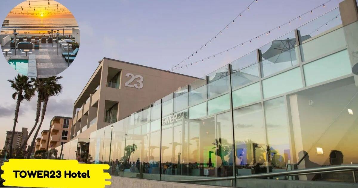 A stylish evening view of the TOWER23 Hotel in Pacific Beach, San Diego. The modern, glass-fronted building is shown at dusk, with an inset image of the rooftop terrace overlooking a beautiful ocean sunset.