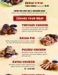 A vertical, mobile-friendly Mo' Bettahs take-home menu, with sections to "Choose Your Size" (Mini, Regular, Ekolu) and "Choose Your Meat" (Teriyaki Chicken, Kalua Pig, Pulehu Chicken, Katsu Chicken, Teriyaki Steak, Shrimp Tempura).
