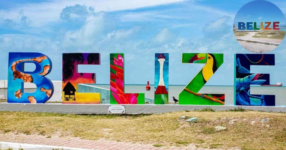 A colorful monument with letters that spell out "BELIZE" with the ocean and palm trees in the background.