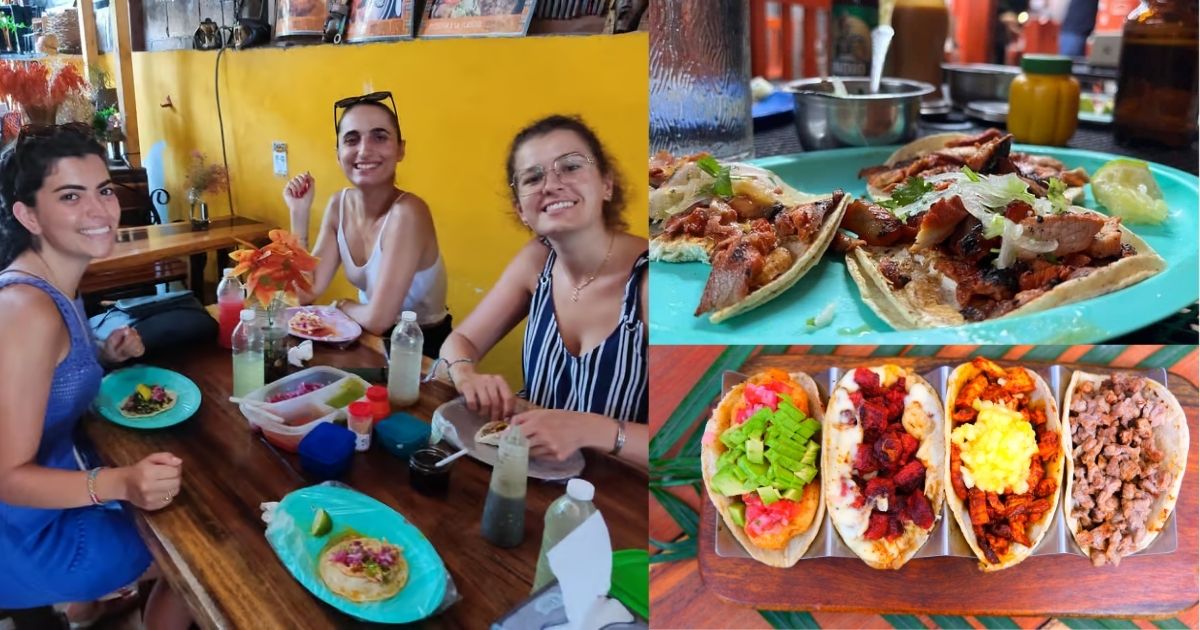 A collage of 'The Best Taco Tour in Tulum,' with friends enjoying a meal at a local restaurant and close-up shots of various authentic Mexican tacos with different fillings like carne asada, al pastor, and chorizo.