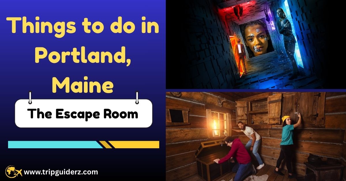 A group of people working together to solve a puzzle inside The Escape Room, a fun indoor activity in Portland, Maine.