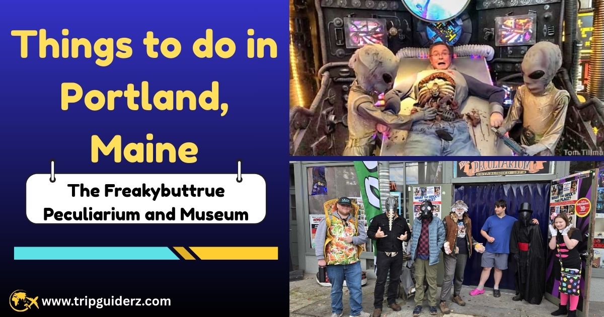The eccentric storefront of The Freakybuttrue Peculiarium and Museum, a quirky and unusual attraction featuring strange exhibits in Portland, Oregon.