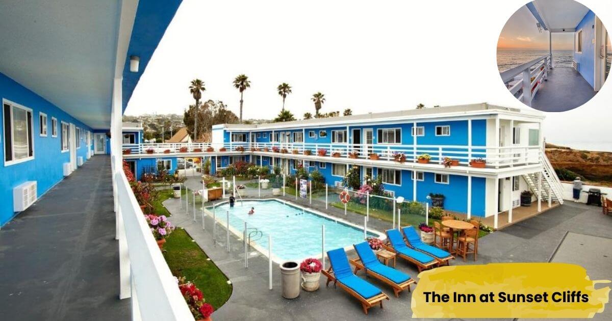 A photo of The Inn at Sunset Cliffs, a two-story blue and white motel with a central courtyard featuring a swimming pool and lounge chairs. An inset image shows a balcony overlooking the Pacific Ocean at sunset.
