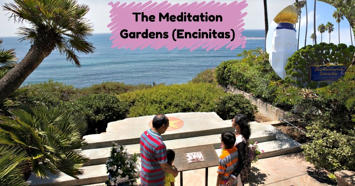 A serene view of the koi pond and ocean at The Meditation Gardens in Encinitas, a peaceful and scenic spiritual retreat near San Diego.