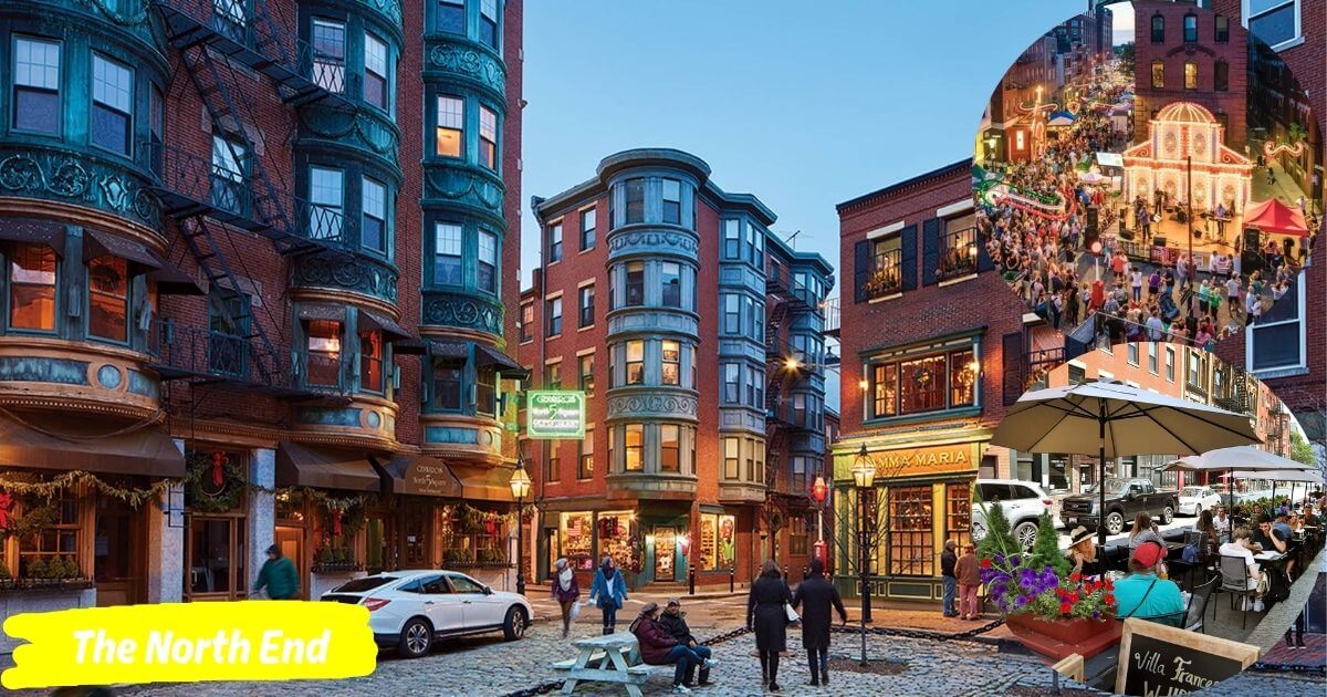 A collage of photos showing Boston's North End, with historic brick buildings and street scenes that highlight the neighborhood's Italian character.