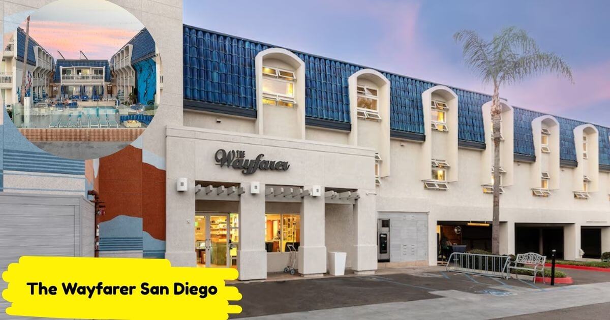 Front entrance and exterior of The Wayfarer San Diego hotel at twilight. The building features a distinctive blue tiled roof and white facade, with an inset image showing the central swimming pool and lounge deck.
