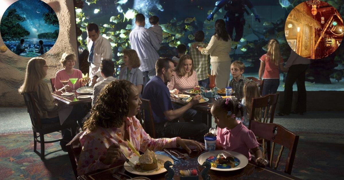 A collage of three images showing themed dining experiences. The images show: a woman holding a large ice cream cone with various toppings, a plate of dinosaur-shaped chicken nuggets with a side of french fries, and the interior of a rainforest-themed restaurant with a large gorilla statue and tropical foliage.