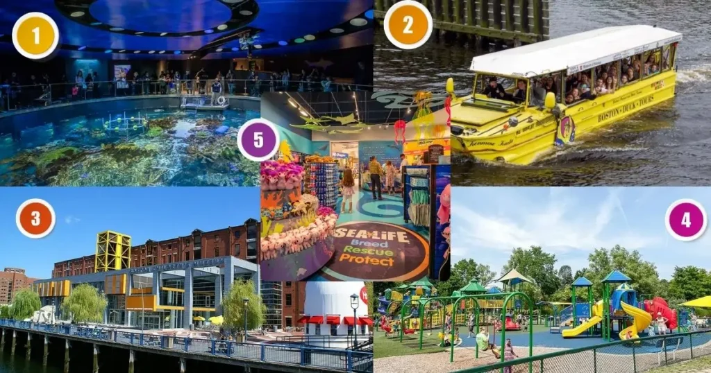 A collage of family-friendly activities in Boston, showing kids enjoying the carousel at the Rose Kennedy Greenway and walking the Freedom Trail.