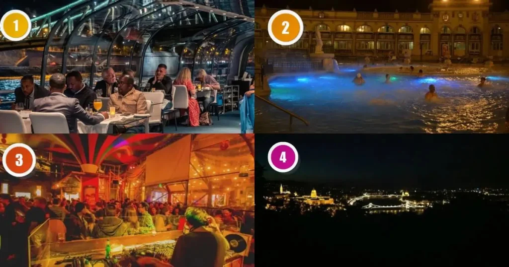 A collage of three images showing Budapest nightlife. The images show: a group of young adults drinking at a vibrant ruin bar, a large building lit up with string lights and people gathered inside, and a colorful, lit-up building and a bridge over the Danube River at night.