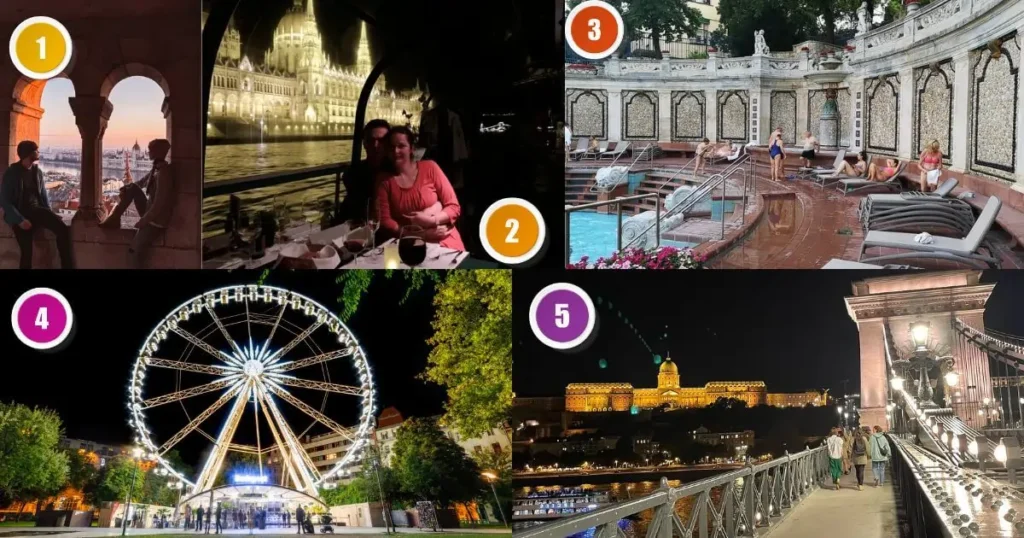 A collage of three images showing romantic activities in Budapest. The images show: a man and a woman embracing on the rooftop of a building with a panoramic view of the city, two people on a romantic boat cruise at sunset, and a couple enjoying a bottle of champagne in a private thermal bath.