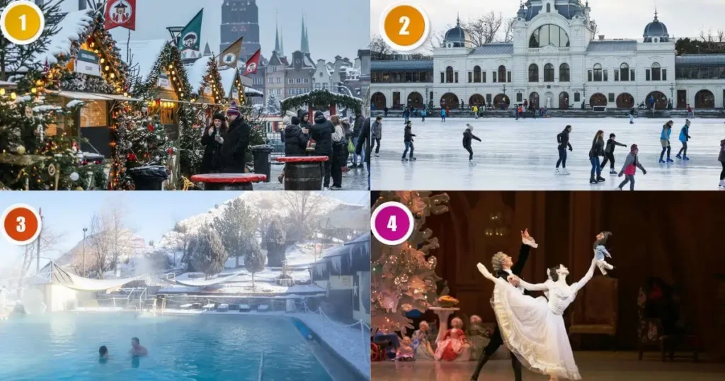 A collage of three images showing December activities in Budapest. The images show: a Christmas market with festive wooden stalls and people, a colorful Ferris wheel at night, and an ice rink with a large, lit-up tree and buildings in the background.