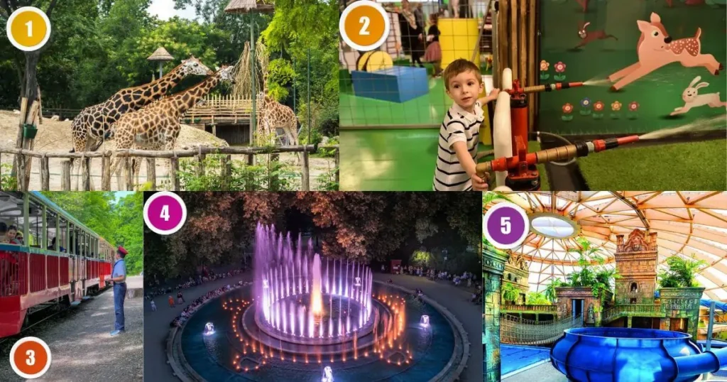 A collage of three images showing family activities. The images show: a young child looking at animals at a zoo, a family looking out at a castle with a scenic view, and a family walking together on a sunny day.
