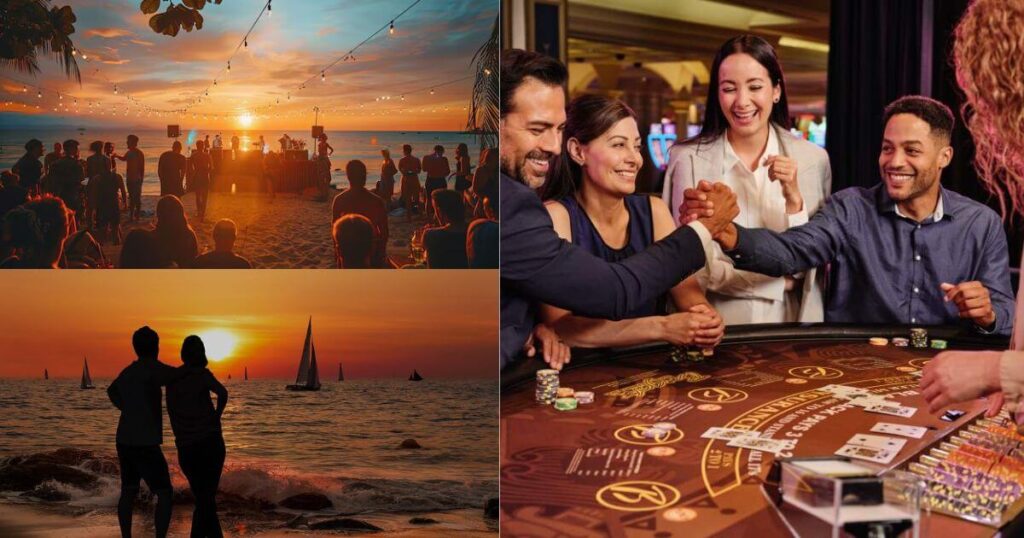 A collage of three images of nighttime activities in St. Thomas. The images show: a group of people enjoying a bonfire on the beach at sunset, a couple watching sailboats at sunset, and a group of friends playing a game of blackjack at a casino.