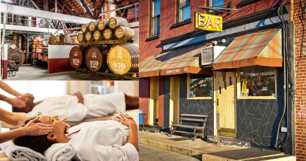 A collage of three images showing adult activities. The images show: the interior of a rum distillery with wooden barrels, a classic bar facade, and people receiving a massage at a spa.