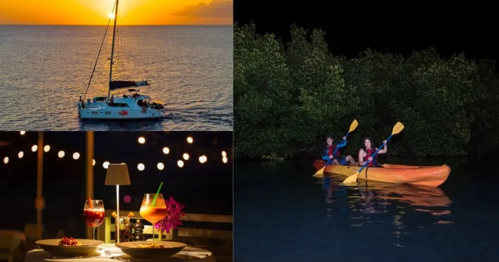 A collage of three images of romantic couple activities. The images show: a white catamaran sailing at sunset, a romantic dinner for two with string lights in the background, and a couple kayaking at night.