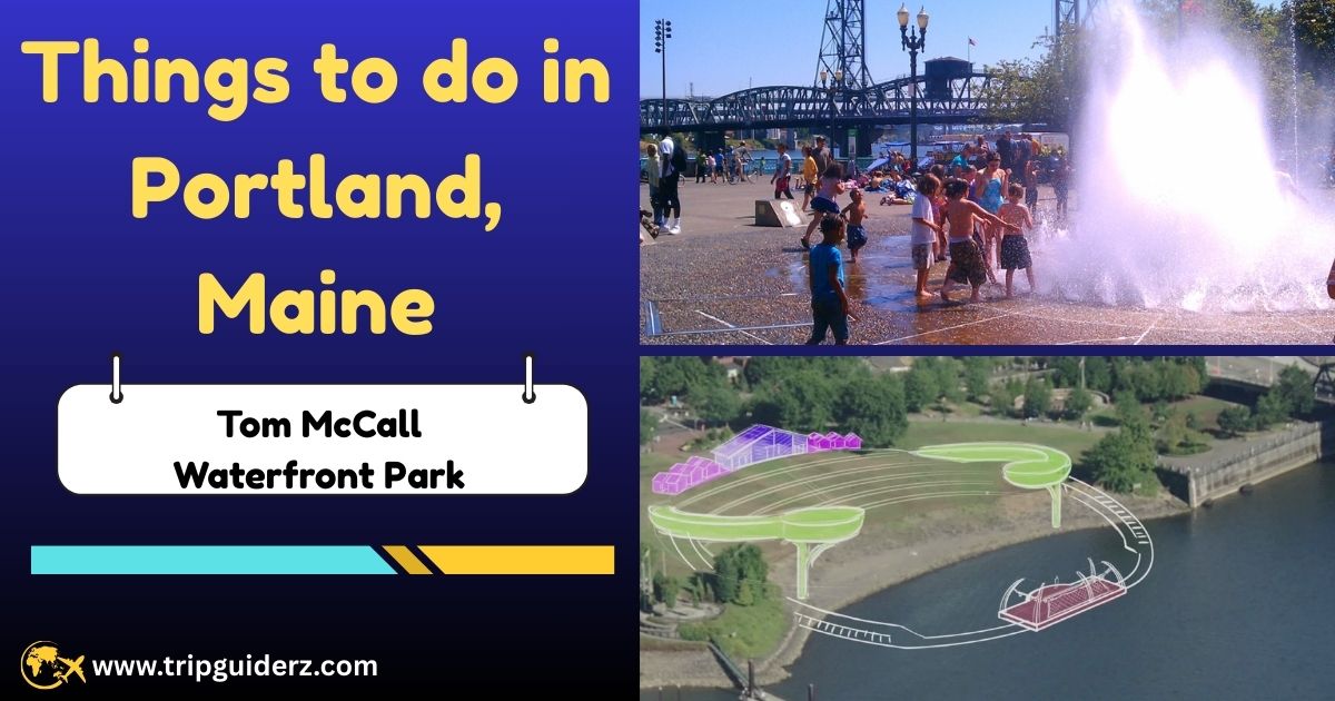 A scenic view of the Willamette River from Tom McCall Waterfront Park in Portland, Oregon, with people walking and biking along the waterfront.