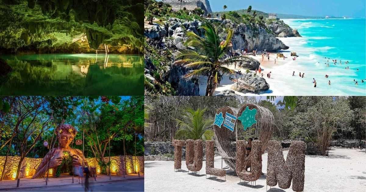 A collage of top Tulum activities, showcasing a person swimming in a mysterious cenote cave, tourists relaxing on the white sand beach, the famous 'Ven a la Luz' sculpture at night, and a 'TULUM' sign made of natural materials