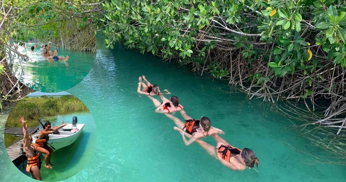 A collage of a Tulum and Sian Ka’an tour, with a person posing in front of the Temple of the Frescoes at the Tulum ruins, and a boat tour through the Sian Ka'an Muyil canals