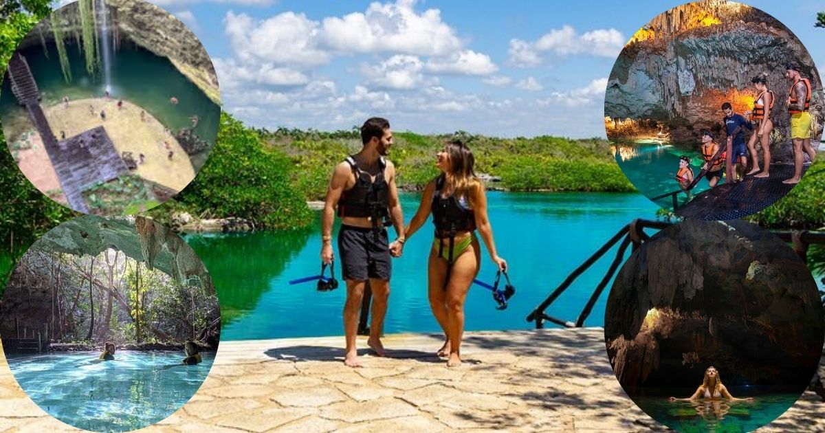 A collage of a full-day guided tour in Tulum, featuring people exploring the Mayan ruins on a cliff, snorkeling in a cenote, and enjoying a traditional beachside lunch with a group.