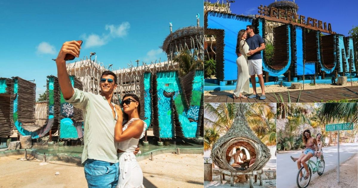 A collage of popular Tulum Instagram photo spots, including a couple posing at the artistic 'TULUM' sign, a selfie in front of the 'Cerveceria' sign, a couple in a bird's nest chair, and two friends riding bicycles on a jungle road.