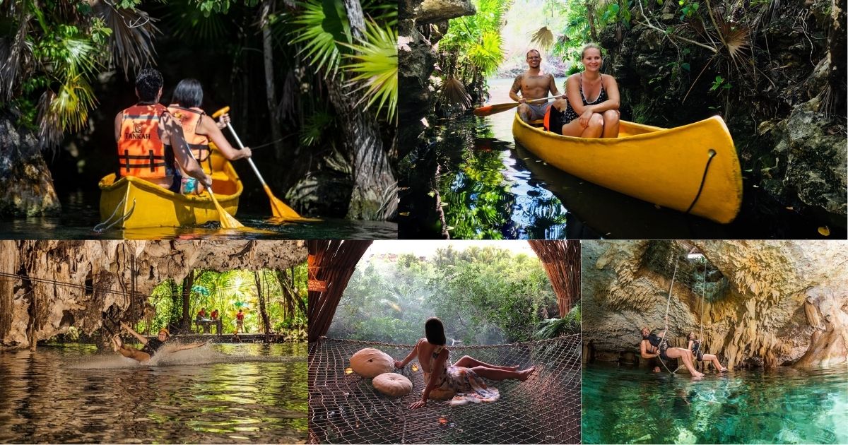 A collage of a Tulum jungle adventure tour, with people riding ATVs, zip-lining through the forest canopy, rappelling into a cenote, and swimming in the clear blue water.